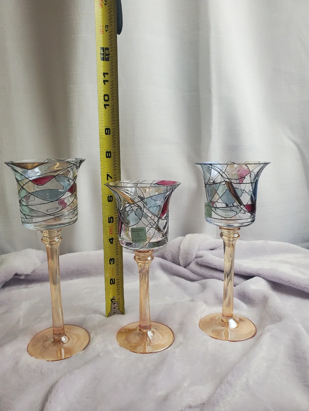 3 Piece Retired Tiffany Style Mosaic Stemmed Votive Glass Tealight Holders New - Picture 7 of 16